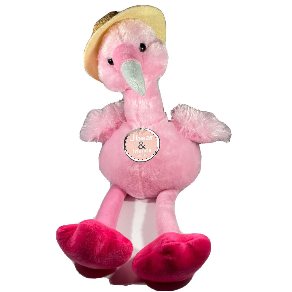 J Bear & Friends Kids Medium Flamingo Plush Pink Straw Hat Tropical Stuffed Toy‎